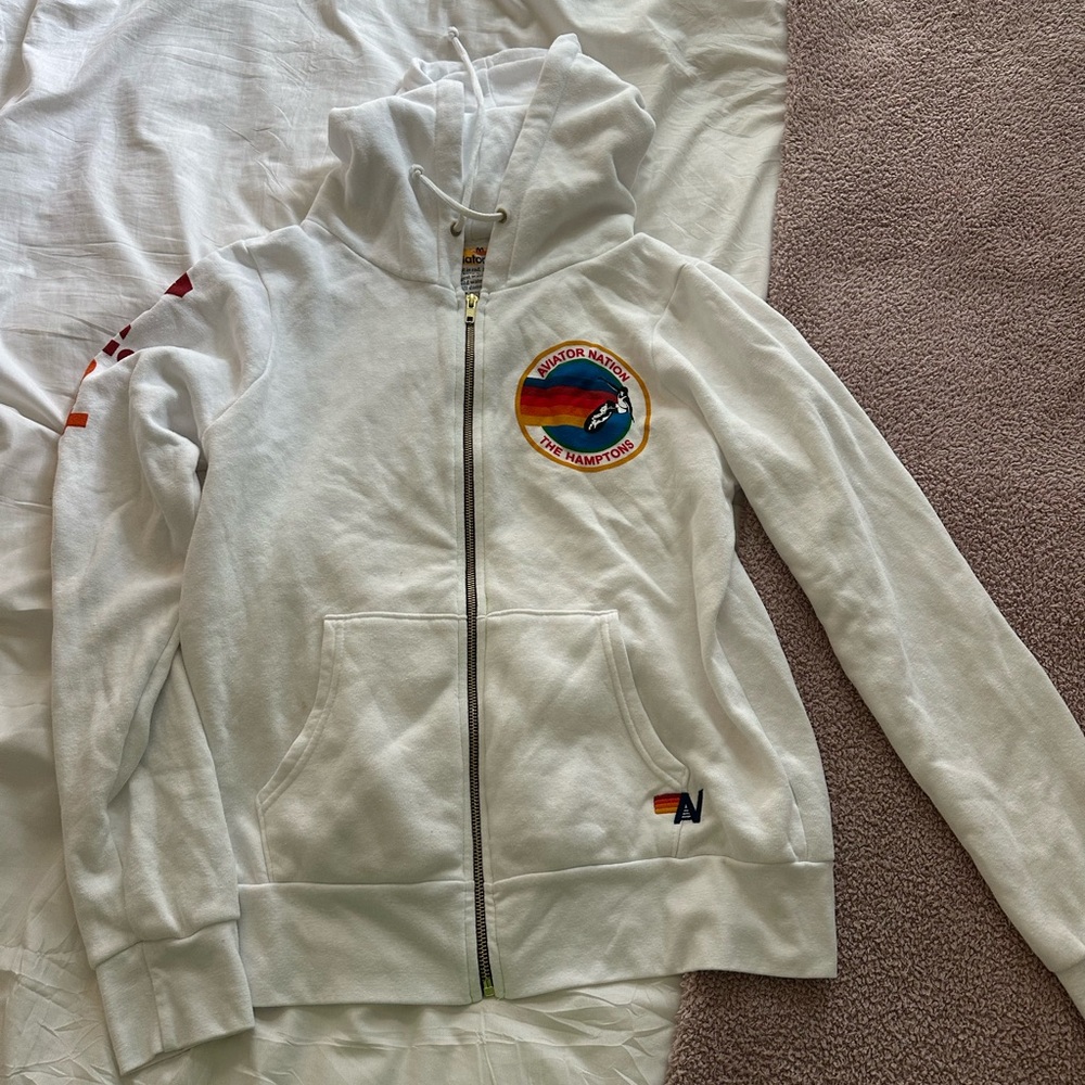 Aviator Nation White Hoodie with Rainbow Patch